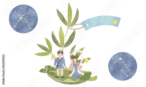 笹船に乗った織姫と彦星のイラスト（水彩タッチ）