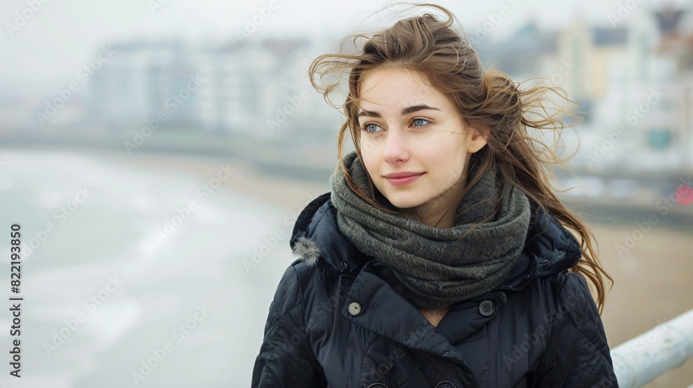 Elegant woman in a chic autumn coat admiring the calm sea on a breezy day Elegant woman in a chic autumn coat admiring the calm sea on a breezy day