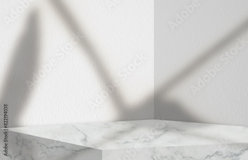 Studio Background,White Concrete Wall Texture with Marble Table Top with Light Beam and Shadow Leaves Overlay,Empty Room Display for Backdrop Product Presentation and Mock up.