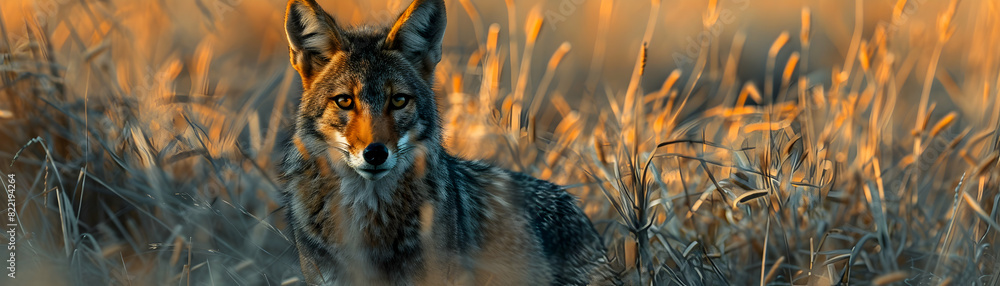 Photo realistic image of a jackal hunting in grasslands, showcasing its cunning and adaptability as a small predator in the wild Photo realistic image of a jackal hunting in grasslands, showcasing its cunning and adaptability as a small predator in the wild
