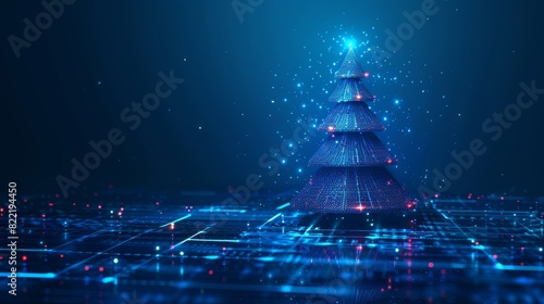 New Year card or digital tech calendar poster featuring glowing pixels over a polished reflection. Logo of the 2024 year hanging over reflective surface. photo
