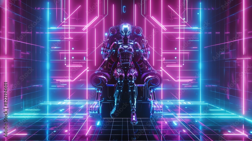 In this image we see a female cyborg queen. A robot woman sits majestically on a throne, surrounded by a neon glow, as if she were a cyborg queen in her own right. Sci-fi illustration of artificial In this image we see a female cyborg queen. A robot woman sits majestically on a throne, surrounded by a neon glow, as if she were a cyborg queen in her own right. Sci-fi illustration of artificial