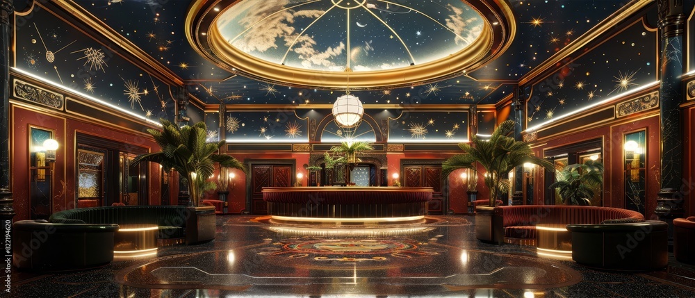 Luxurious hotel lobby with elegant design, featuring regal decor, illuminated ceiling artwork, plush seating, and a grand reception area.