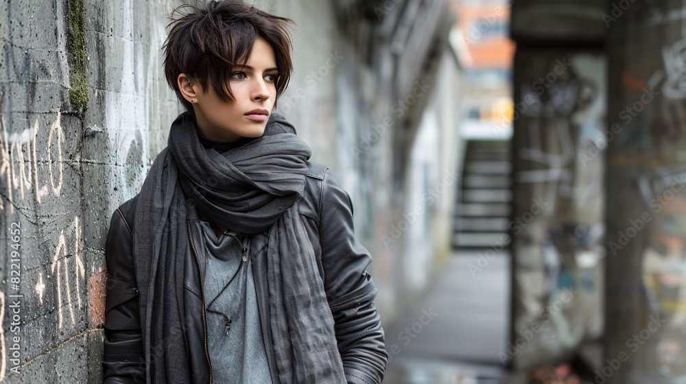 Fashion forward upcycling runway event model in a textured grey ensemble against a dystopian urban setting