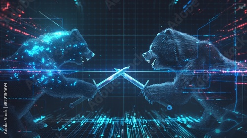 The bears and bulls are fighting to profit at a securities trading exchange. The bears fight the bulls on swords in the shape of Japanese candles. Stock exchange trading strategies.