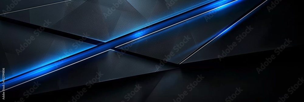 Black background with blue neon lines and geometric shapes. Dark abstract technology background Dark grey black abstract geometric background, banner
