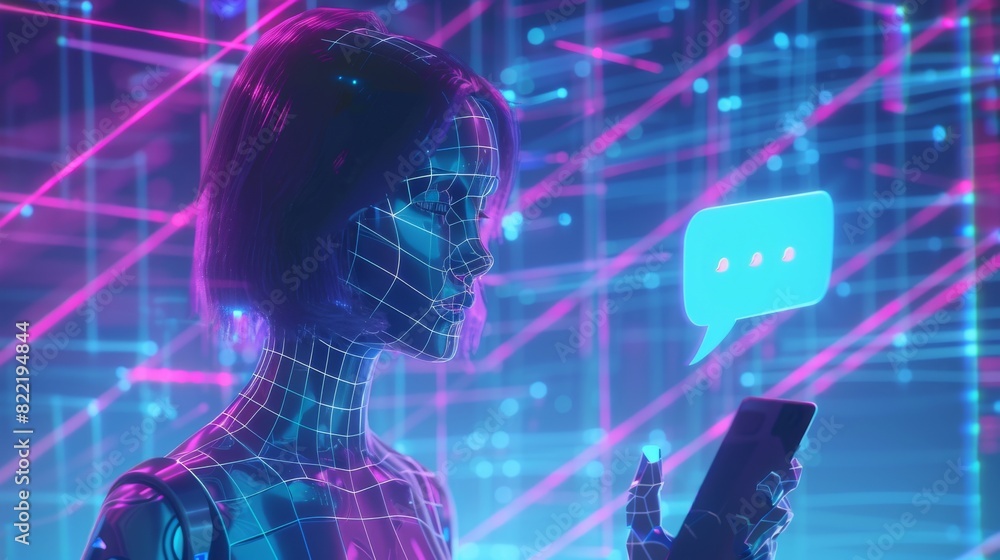 A woman cyborg chats with an AI chat bot at a mobile phone. In the frame we see an image of a robot woman on a screen who clicks on the speech bubble.