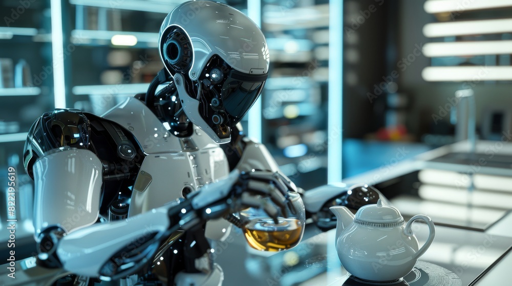 Fototapeta premium A humanoid robot servant pours tea at the request of a human. An AI robot performs housework. A humanoid robot chef in the kitchen holds a cup and a teapot.