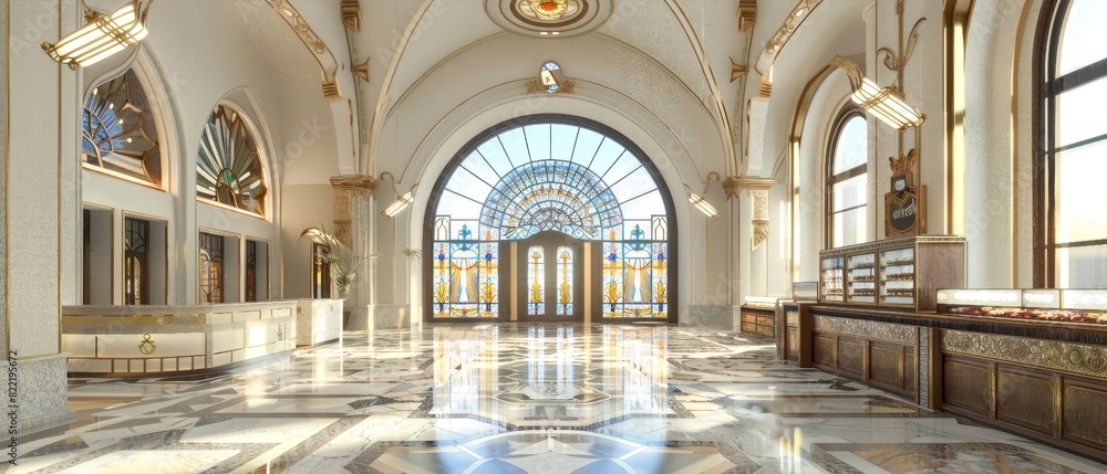 Elegant grand hall with arched windows, intricate details, and marble flooring, exuding luxury and architectural brilliance.