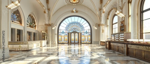 Elegant grand hall with arched windows  intricate details  and marble flooring  exuding luxury and architectural brilliance.
