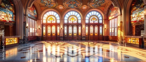 Elegant grand hall with intricate stained glass windows and ornate architectural details, illuminated by warm sunlight, showcasing timeless beauty. © sutanya