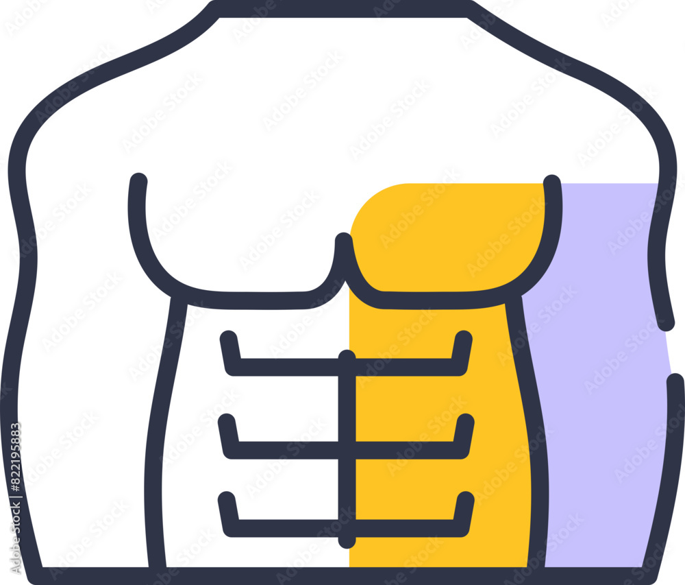 Male fit body muscle icon with six-pack outline symbol decorated with yellow and purple colors, flat design Male fit body muscle icon with six-pack outline symbol decorated with yellow and purple colors, flat design