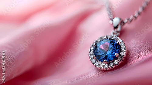 Sapphire pendant with silver chain on a pink background 