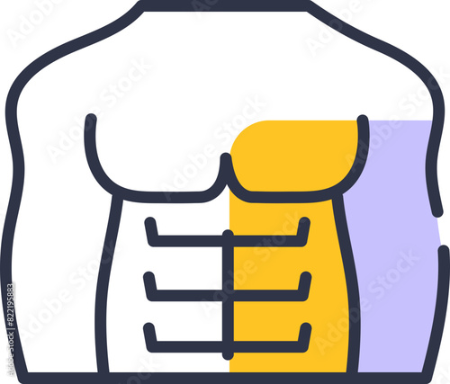 Male fit body muscle icon with six-pack outline symbol decorated with yellow and purple colors, flat design
