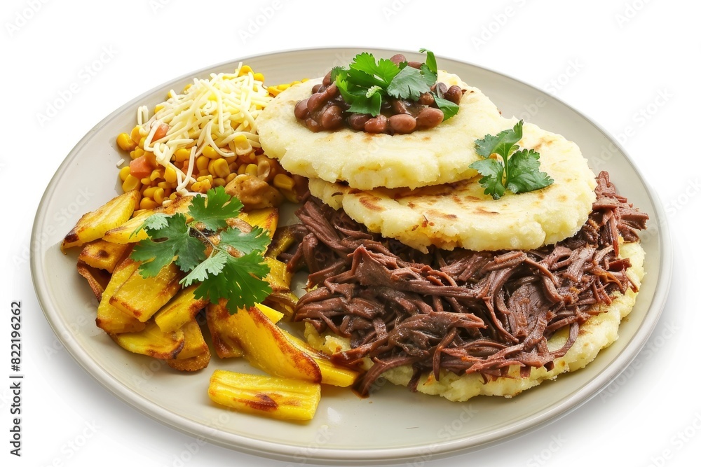 Fototapeta premium Arepas Pabellón Arepa: Braised Shredded Beef with Crispy Plantains