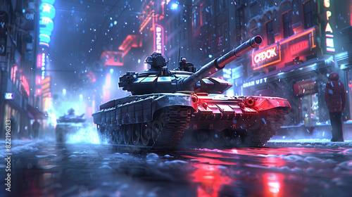 A black tank with red lights on it is driving through a city street. The tank is surrounded by a blurry background of buildings and streetlights. Scene is intense and dramatic photo