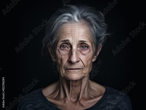 Charcoal background sad European white Woman grandmother realistic person portrait of young beautiful bad mood expression Woman Isolated Background depression anxiety fear  © Zickert