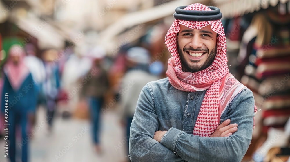 Fototapeta premium A young Saudi man stands with his arms crossed and smiles, dressed in traditional red and white. Confident Arab businessman posing for the camera outdoors.