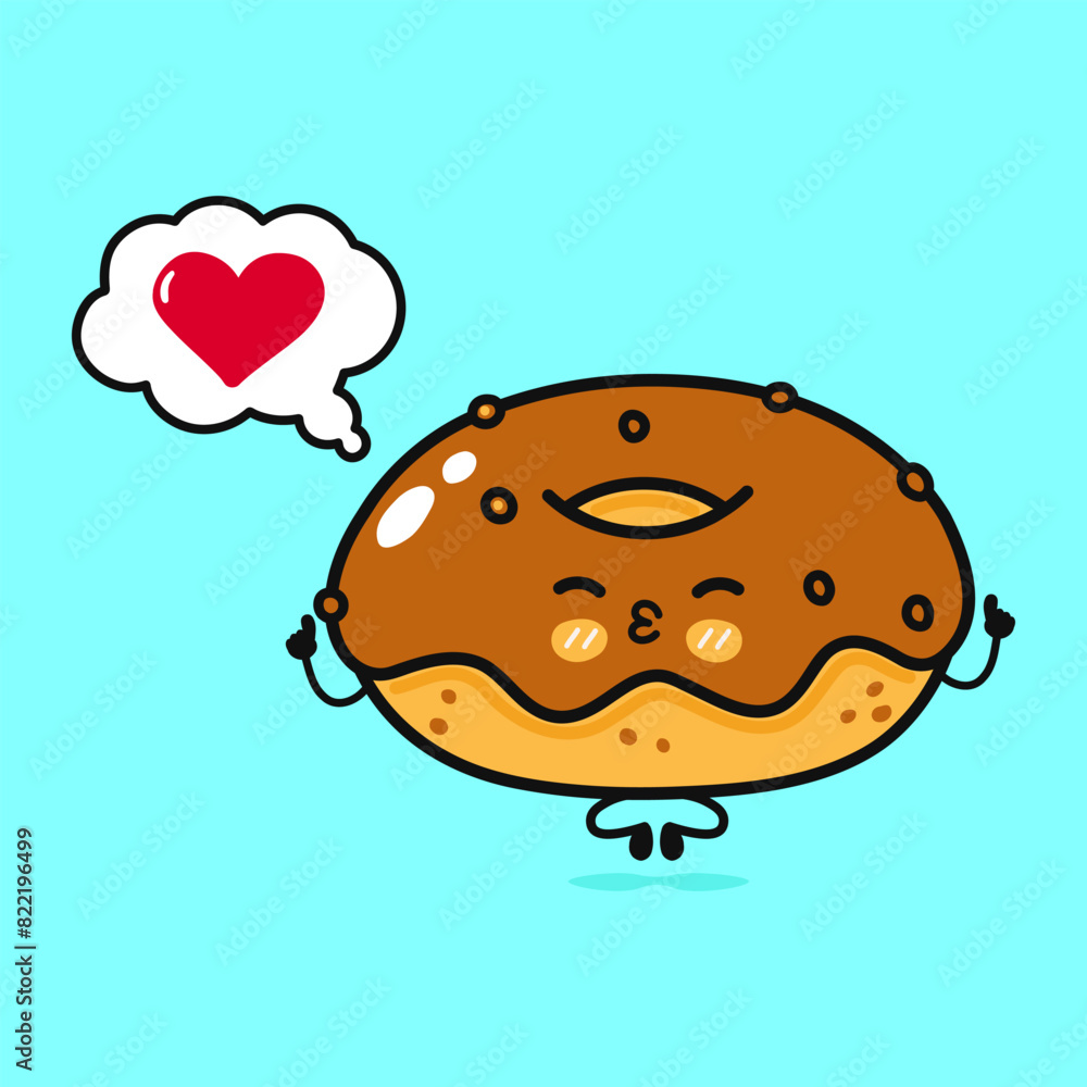 Chocolate Donut doing yoga with speech bubble. Vector hand drawn cartoon kawaii character illustration icon. Isolated on blue background. Chocolate Donut in love character concept Chocolate Donut doing yoga with speech bubble. Vector hand drawn cartoon kawaii character illustration icon. Isolated on blue background. Chocolate Donut in love character concept