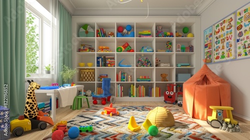 Spacious kids' room with educational posters, diverse toys, and a colorful play mat, designed for fun and learning.