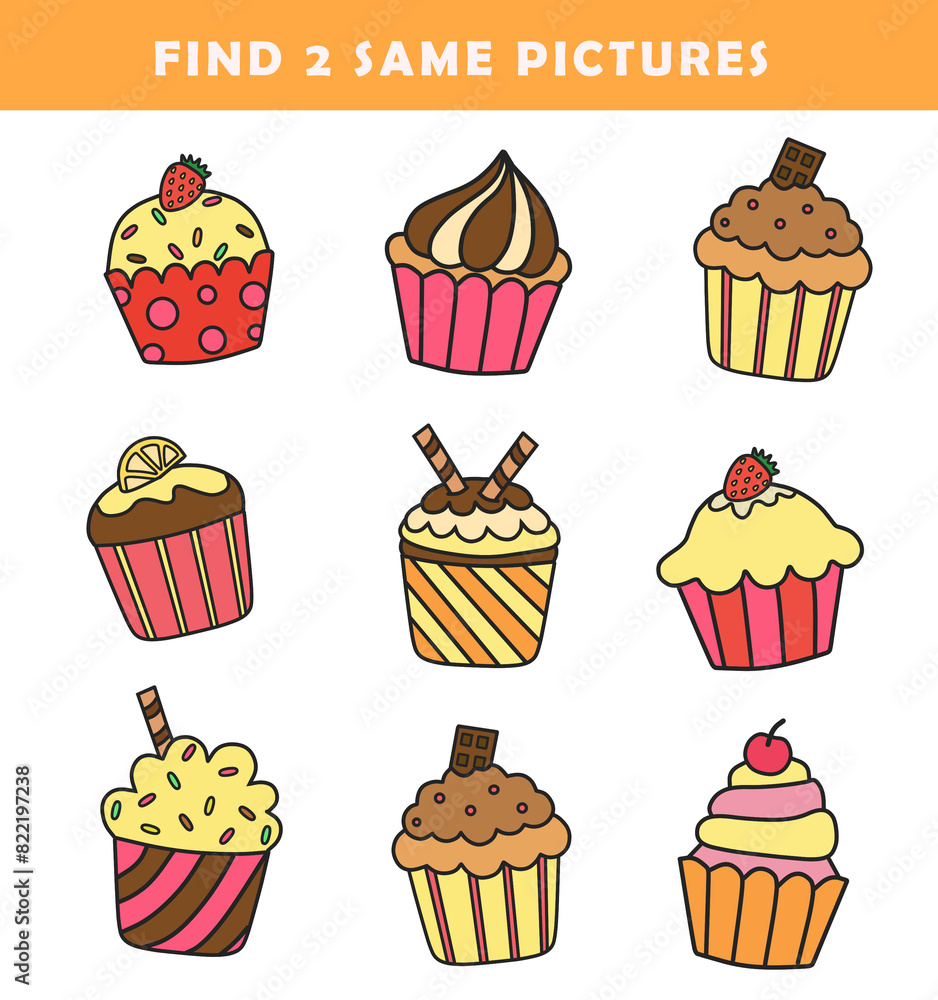 Find 2 same pictures. Puzzle game for children. Preschool worksheet activity for kids. Educational game with cute cupcakes illustration. Find 2 same pictures. Puzzle game for children. Preschool worksheet activity for kids. Educational game with cute cupcakes illustration.