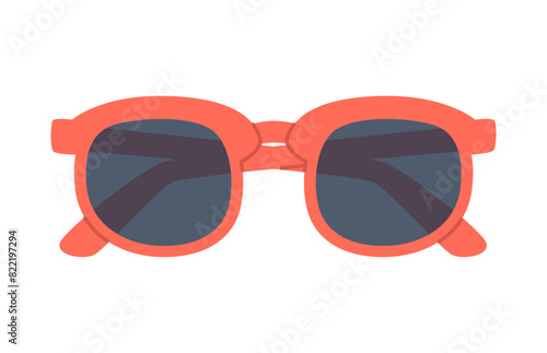 Red sunglasses isolated on blue. Flat vector illustration. Protection of vision from ultraviolet radiation. A cute design element for summer sales, flyers, websites and packaging.