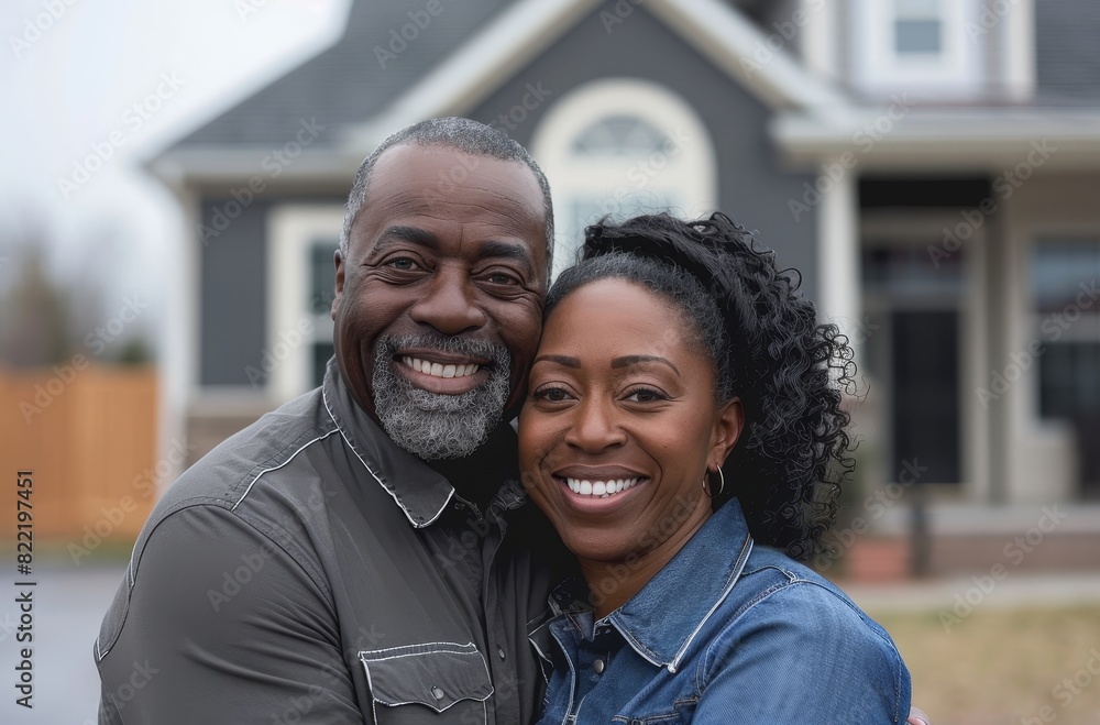Happy couple smiling in front of their new house Happy couple smiling in front of their new house