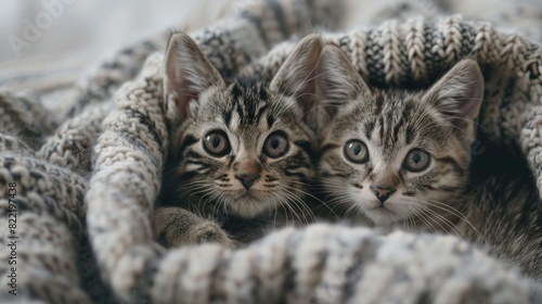 Two cute kittens with cute faces, sweet eyes and soft fur snuggled up in one blanket, snuggling up to each other and looking at the camera. © Светлана Канунникова