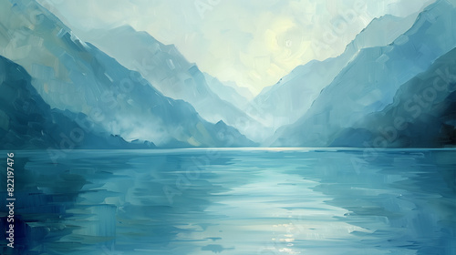 A painting of a mountain range with a lake in the foreground. The mountains are blue and the sky is white. The mood of the painting is serene and peaceful © Nata