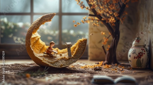Miniature figurine reading a book inside a broken shell photo