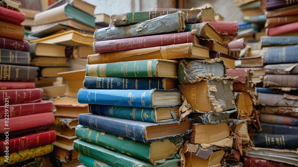 A textured close-up of a large pile of aged books with worn covers and tattered edges, highlighting the charm of well-used literature. A textured close-up of a large pile of aged books with worn covers and tattered edges, highlighting the charm of well-used literature.