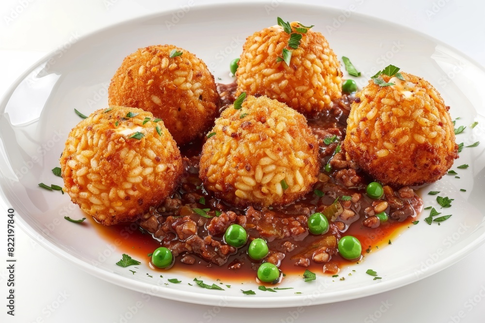 Hearty arancini with creamy risotto, mozzarella, and peas in meaty ragu Hearty arancini with creamy risotto, mozzarella, and peas in meaty ragu