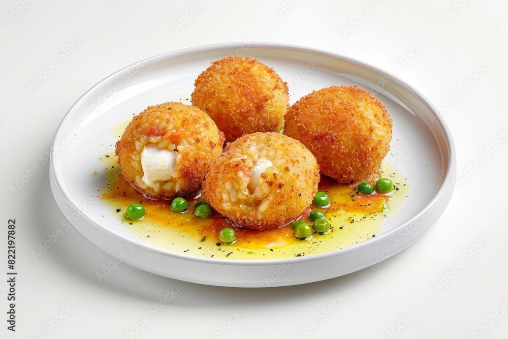 Golden-brown Arancini with Chicken Stock, Fresh Mozzarella, and Peas Golden-brown Arancini with Chicken Stock, Fresh Mozzarella, and Peas