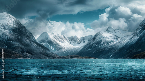 a breathtaking view of a coastal fjord, with snow-capped mountains towering above the deep blue waters photo
