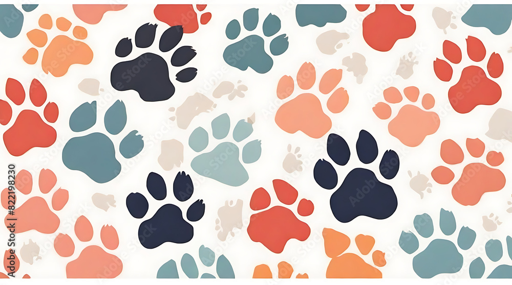 Fototapeta premium 2d minimalistic art print paws on a white plain background, abstract cute animal design, dog footprint pattern 