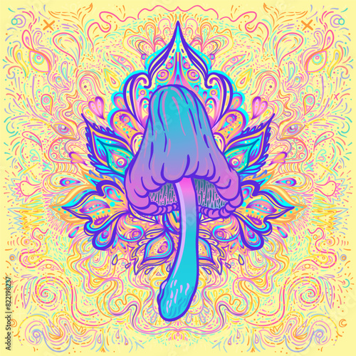 Magic mushrooms mandala. Psychedelic hallucination. Vibrant trippy vector illustration. 60s hippie colorful art. Hand drawn design in ethnic Indian style. Mystic abstract hippie yoga mat design.