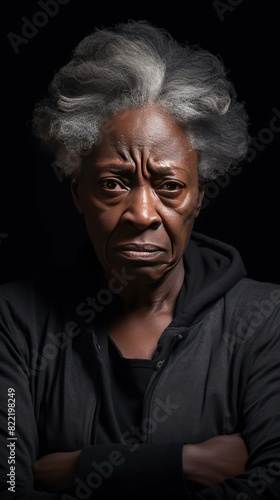 Charcoal background sad black American independent powerful Woman. Portrait of older mid-aged person beautiful bad mood expression girl Isolated on Background racism skin color depression anxiety fear