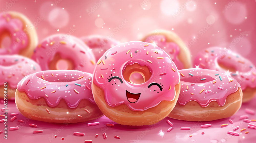 Three cartoon donuts with pink frosting and sprinkles. The donuts are smiling and have big eyes Three cartoon donuts with pink frosting and sprinkles. The donuts are smiling and have big eyes