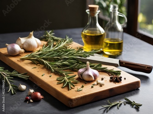 A neatly arranged cutting board with a few essential ingredients: a knife, a sprig of rosemary, a clove of garlic, and a drizzle of olive oil.