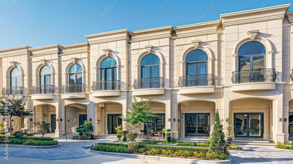 a twinhouse facade in the UAE, adorned with asymmetric arches, vertical louvers, and stone cladding.