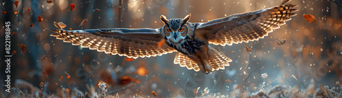 Photo realistic concept of an owl swooping down on its prey at night, highlighting the silent and precise hunting skills of this nocturnal predator photo