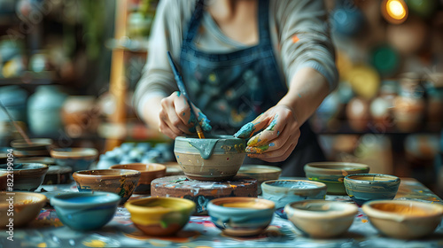 A woman painting ceramics, capturing the creativity and craftsmanship in this colorful hobby as a photo realistic concept