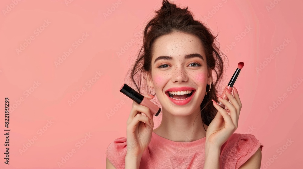 an isolated woman holding makeup products, appearing delighted, on a minimalist background. an isolated woman holding makeup products, appearing delighted, on a minimalist background.