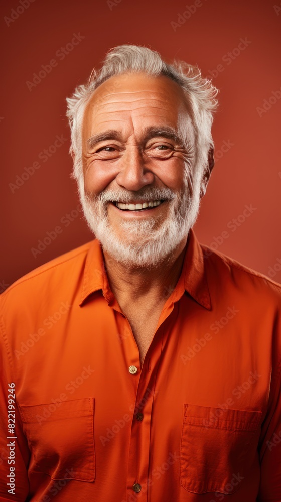 Coral background Happy european white man grandfather realistic person portrait of young beautiful Smiling old man Isolated on Background Banner with copyspace 