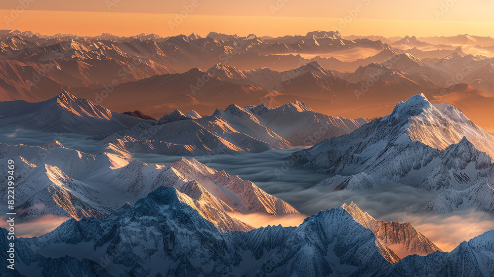 a majestic range of snow-capped fold mountains bathed in golden sunrise light