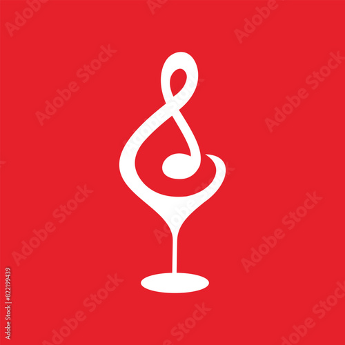 White abstract wine glass design with a musical note on red background, symbolizing music and celebration