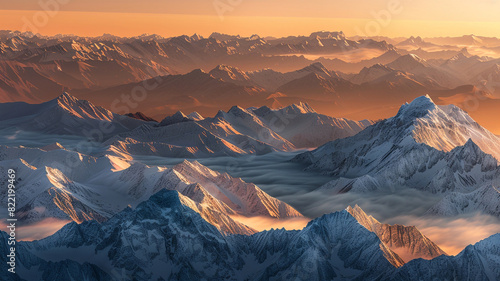 a majestic range of snow-capped fold mountains bathed in golden sunrise light