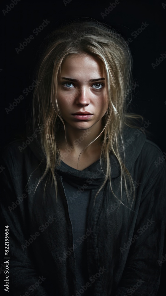 Charcoal background sad european white Woman realistic person portrait of young beautiful bad mood expression Woman Isolated on Background depression anxiety fear burn out health issue problem mental 