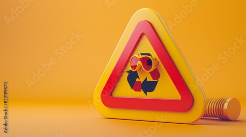 Yellow recycling warning sign with goggles on an orange background, highlighting safety and environmental protection.
