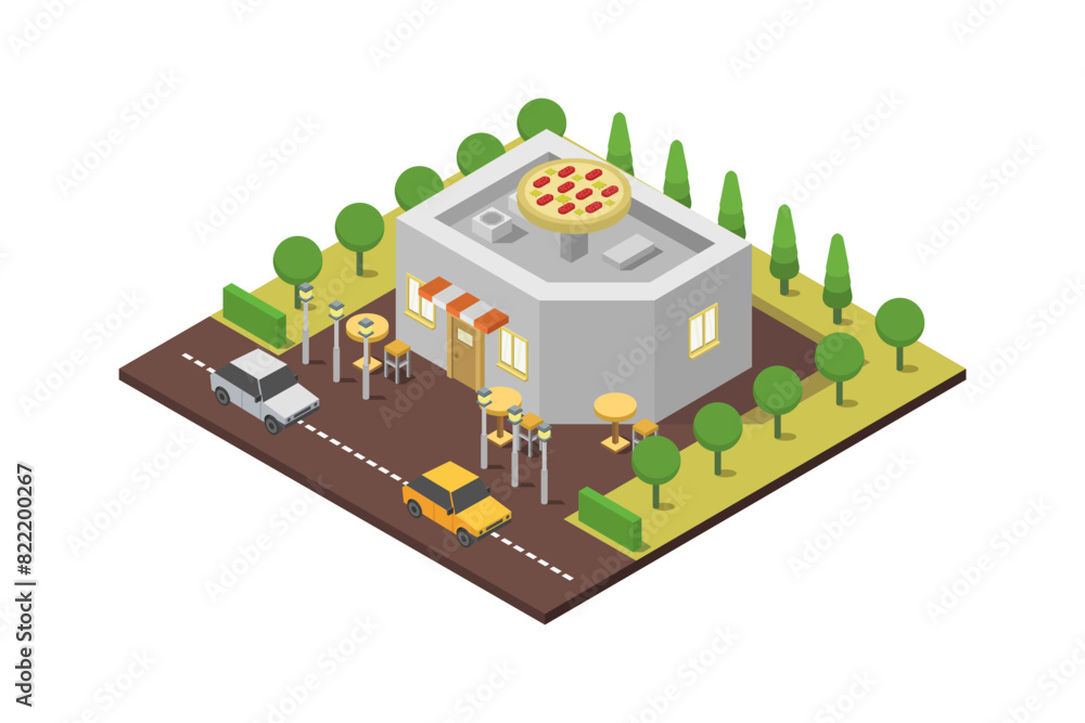 Isometric pizzeria building Isometric pizzeria building